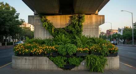 Urban landscaping integrates vibrant flowers and lush greenery beneath an elevated roadway