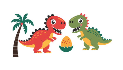 Cute Cartoon Dinosaurs with Palm Tree and Egg vector illustration on white background