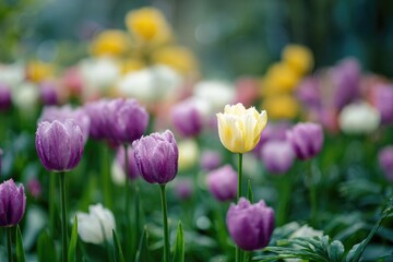 Fototapeta premium A single pale yellow tulip stands out amongst a field of predominantly purple and white tulips, all slightly dewy