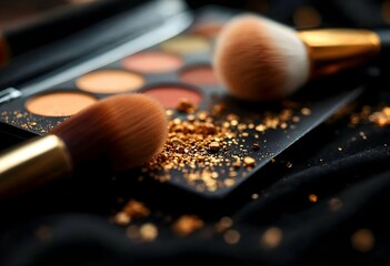 Makeup brushes resting on palette with gold glitter
