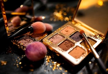 Makeup brushes resting on palette with gold glitter
