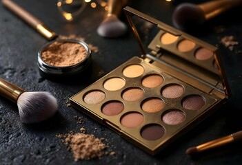 Professional makeup artist kit showing eye shadow palette and brushes