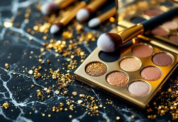 Golden eyeshadow palette with makeup brushes and glitter on dark marble background