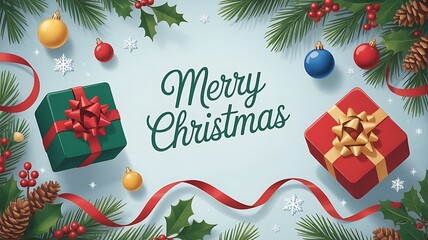 Festive christmas illustration with gift boxes ornaments pine branches and holiday decorations
