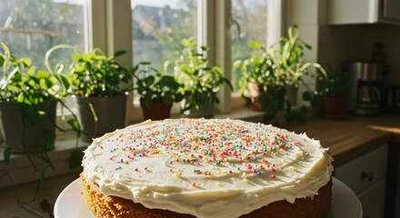 Frosted cake with sprinkles on a windowsill