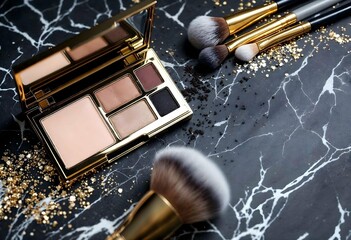 Makeup palette and brushes resting on marble surface with gold glitter