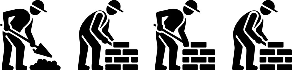Construction Worker Building Brick Wall Man Labor Concept