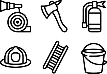 Obraz premium Firefighting Equipment Set Hose Axe Extinguisher Helmet Ladder Bucket