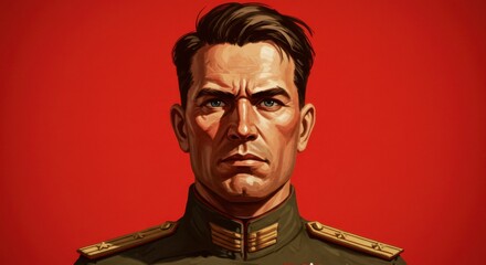 Portrait of a determined man with a stern gaze, set against a vibrant red background, he wears a military uniform
