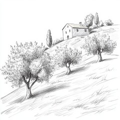 Pencil sketch of an olive grove on a hillside with a rustic farmhouse in the background and rolling terrain