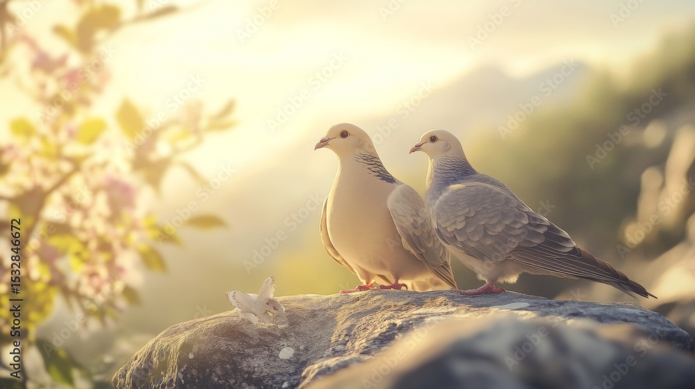 Poster doves in soft focus, perched side by side on a rocky ledge with a scenic mountain backdrop, capturin
