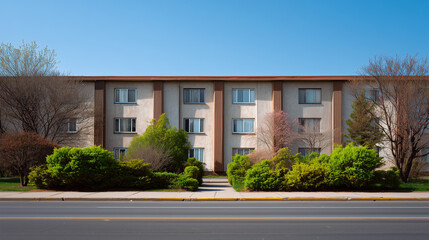 An eye-level shot of a low-rise building featuring a symmetrical facade, showcasing neat, aligned windows, and a well-maintained, manicured garden, set against a clear, bright sky.