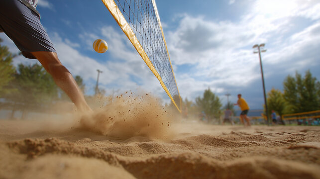 A dynamic moment of a volleyball game captured in mid-action, emphasizing the power of the players' performance.