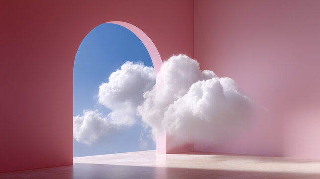 An inviting pink archway frames a beautiful sky, a perfect embodiment of dreamy optimism. The clouds float in a tranquil display of air and sky, which is like a pathway to imagination. 