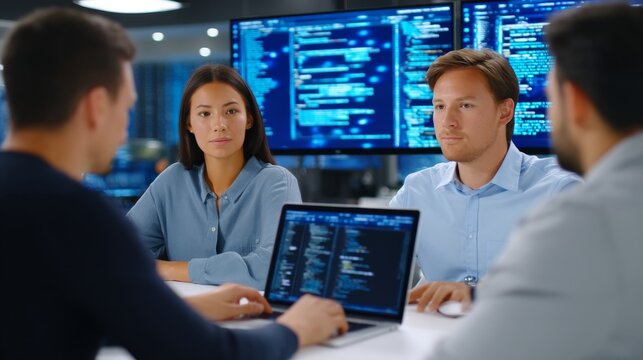 Development Team Engaged in a Brainstorming Session with Laptops and Code Displays in a Modern Office Setting