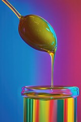 Close-up of a green olive dripping golden oil into a glass jar with vibrant pop art neon lighting on a gradient background