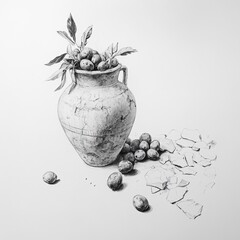Ancient amphora filled with olives and branches surrounded by broken pottery shards in a detailed pencil sketch style