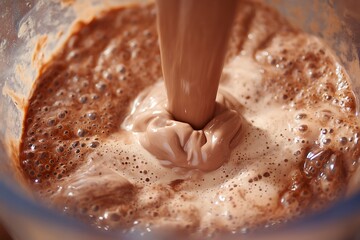 Closeup of thick creamy chocolate milkshake splash in motion with texture