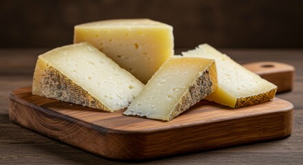 Aged cheese wedges on a wooden board