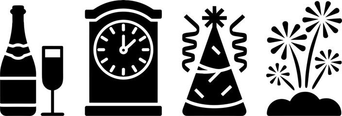 New Year Celebrations Champagne Clock Party Hat Fireworks