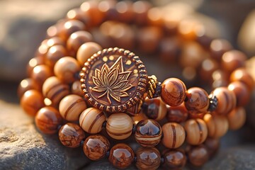 Close-up of wooden prayer beads with engraved pendant and warm lighting