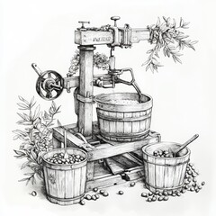 Detailed pencil sketch of an antique olive press machine with wooden buckets filled with olives and leafy branches scattered around