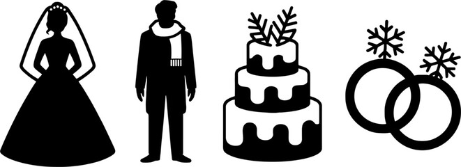 Naklejka premium Wedding Bride Groom Cake Winter Ringss Set