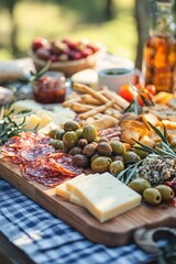 Charcuterie board with assorted olives, cheeses, meats, and breadsticks on an outdoor picnic table