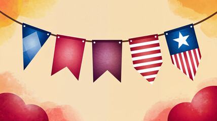 Obraz premium Festive American flag bunting in red, white, and blue with a watercolor background and hearts watercolor illustration ai generated ai generative