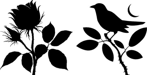 Naklejka premium Thorned rose and raven silhouette with moon theme for artistic design