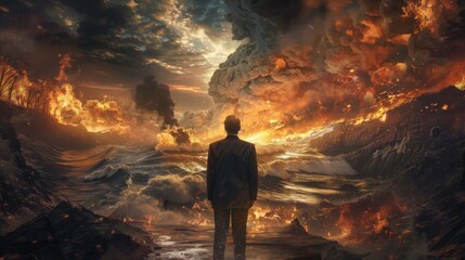 Obraz premium A figure stands amidst a chaotic, fiery landscape.