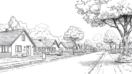 Quiet suburban street with houses, trees and perspective view in detailed engraving sketch landscape