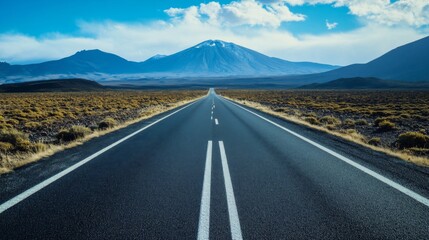 Naklejka premium Empty highway in a rural setting, stretching through scenic landscapes, representing road transport and cross-country travel