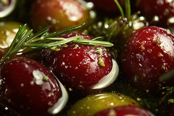 Glossy marinated red and green olives with rosemary and herbs in olive oil, extreme close-up with rich texture and shine