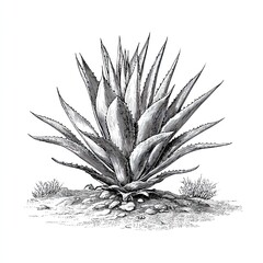 Desert agave plant growing from rocky ground in vintage botanical engraving sketch style illustration