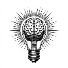 Light bulb with brain inside symbolizing creative thinking in surreal engraving sketch illustration style