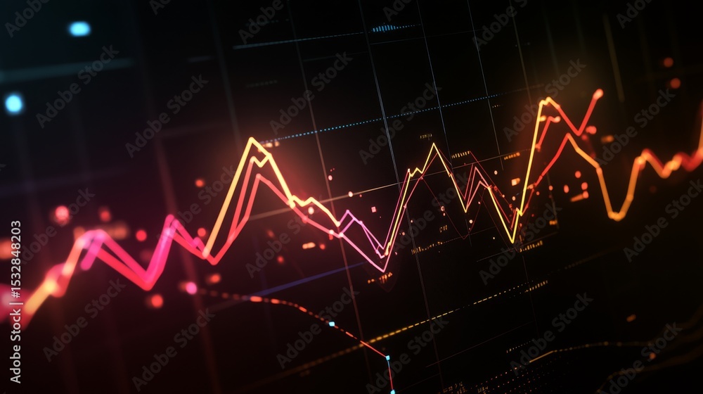 Poster Financial trend graph with rising and falling lines on a black background, glowing points highlighting key data points, modern aesthetic.