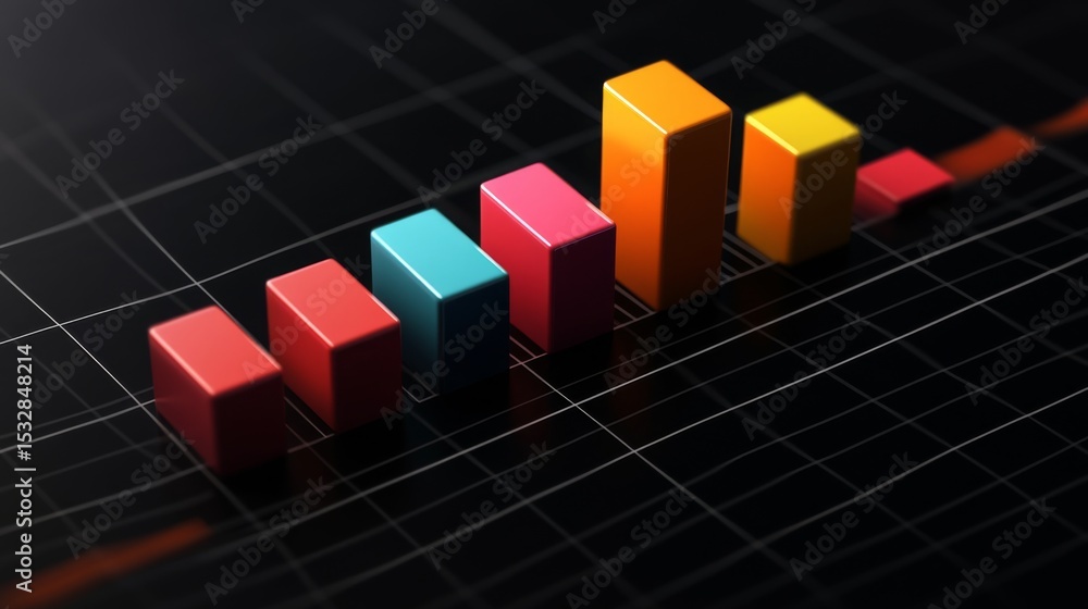 Poster Financial bar chart on a dark background with glowing gridlines, featuring colorful bars and a modern aesthetic