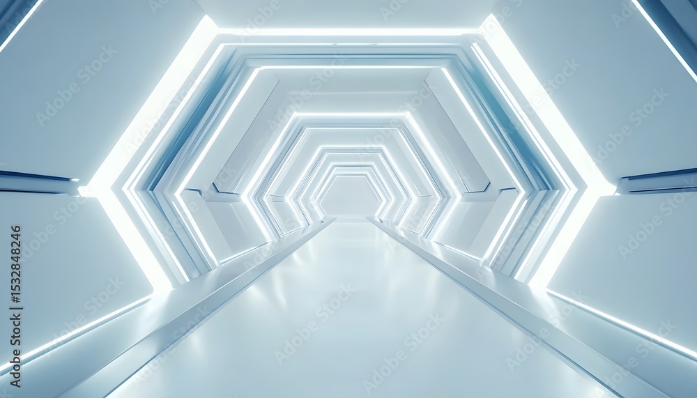 Poster futuristic tunnel with hexagonal shapes and glowing light.