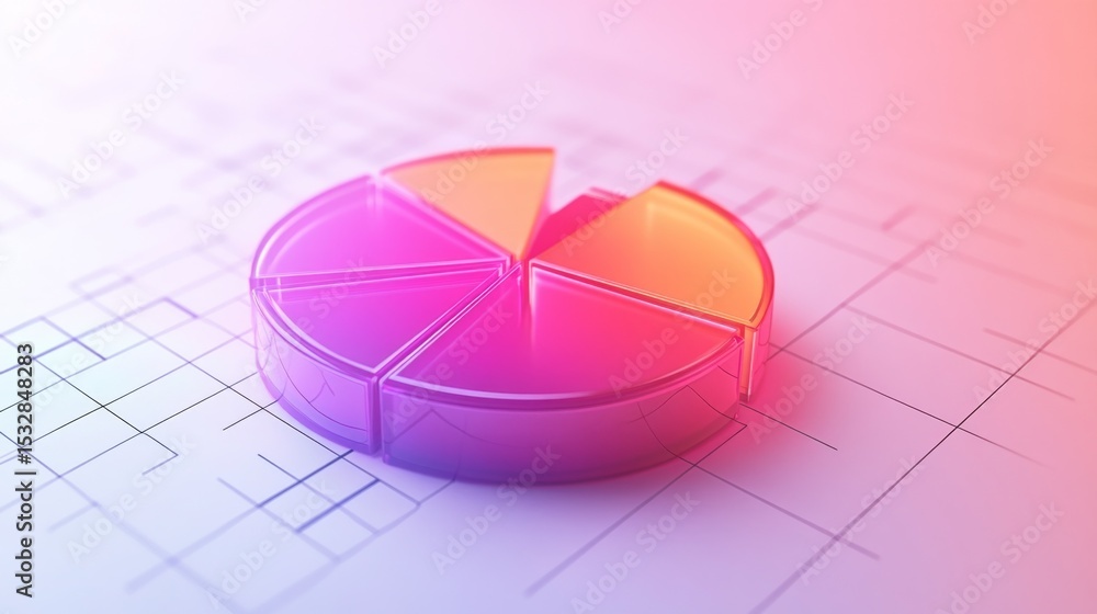 Poster Floating D pie chart with transparent and solid segments, positioned over a grid pattern, highlighting digital data in a stylish design