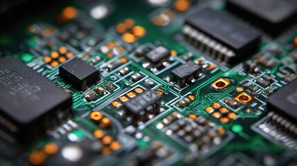 Fototapeta premium Detailed Close-Up of Printed Circuit Board with Electronic Elements