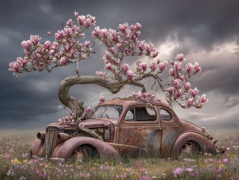 Fototapeta Rusty Vintage Car Entwined with Blooming Magnolia Under Stormy Sky