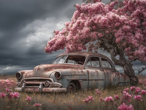 Fototapeta Rusty Vintage Car Entwined with Blooming Magnolia Under Stormy Sky