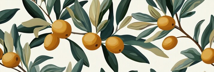 Seamless pattern of ripe yellow olives and green leaves on light background in stylized botanical illustration