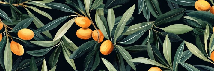 Seamless pattern of ripe golden olives and lush green leaves on dark background in botanical illustration style
