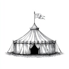 Vintage circus or medieval tent with flag in detailed engraving sketch style drawn in black and white