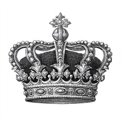 Royal crown with detailed ornamental design and gemstones in vintage engraving sketch of monarchy power