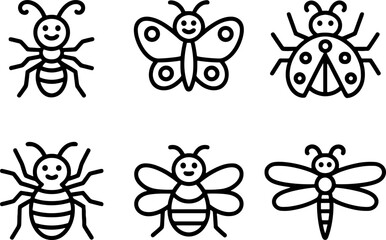 Cute Insects Set Simple Line Art Bee Ant Butterfly Ladybug