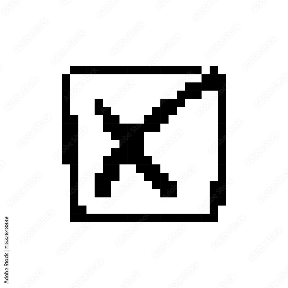 Poster mosaic pixel icon of a check mark in retro pixel art style for digital interfaces and games.