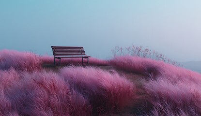 Empty park bench on purple grass field in dreamlike pastel landscape
